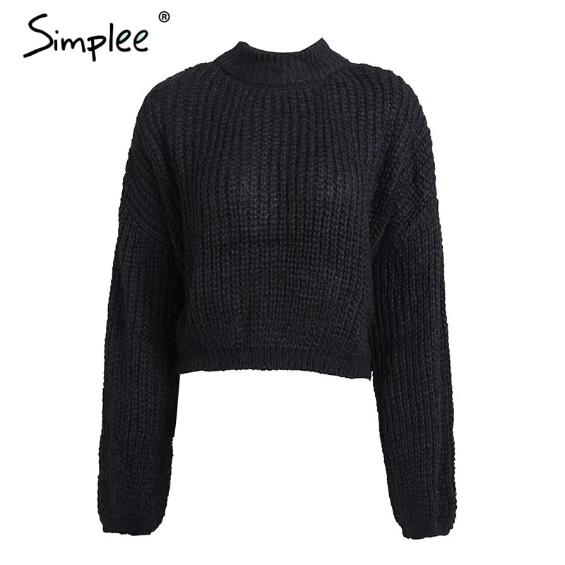 Lantern sleeve knitted pullover loose round neck red autumn casual sweater jumper