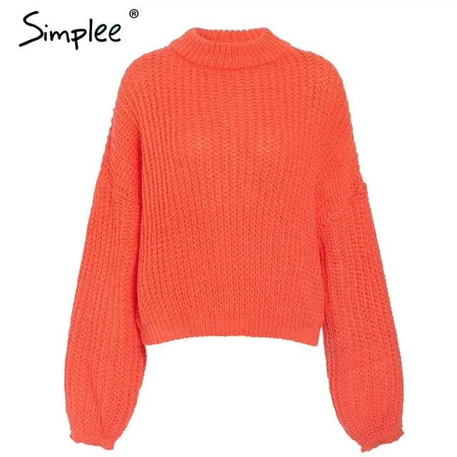 Lantern sleeve knitted pullover loose round neck red autumn casual sweater jumper