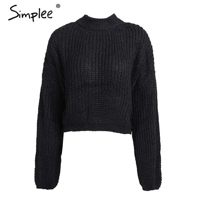 Lantern sleeve knitted pullover loose round neck red autumn casual sweater jumper