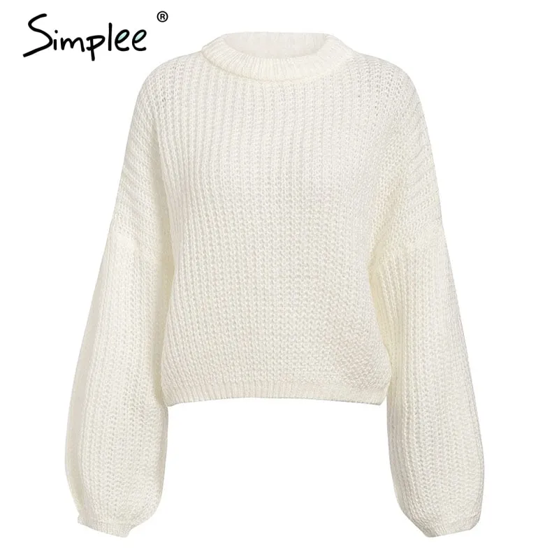Lantern sleeve knitted pullover loose round neck red autumn casual sweater jumper