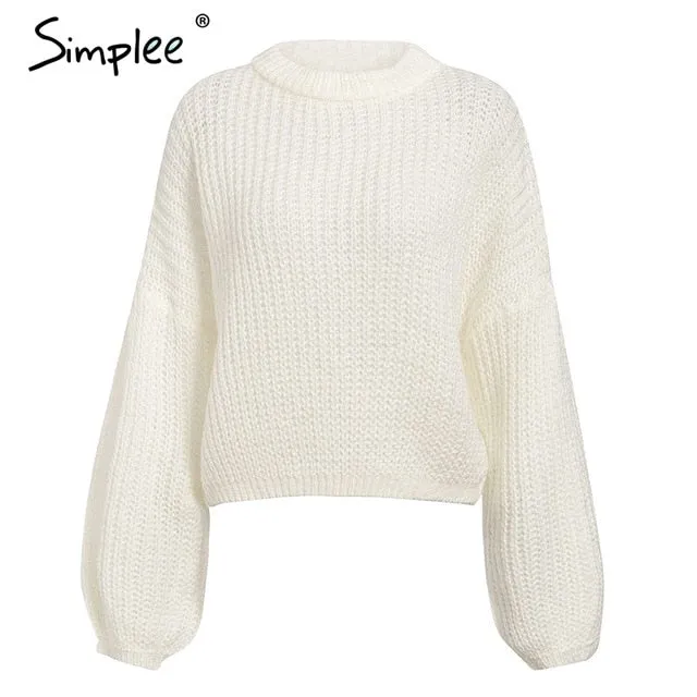 Lantern sleeve knitted pullover loose round neck red autumn casual sweater jumper