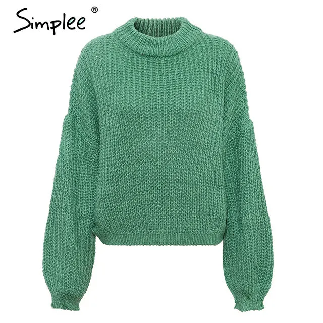Lantern sleeve knitted pullover loose round neck red autumn casual sweater jumper