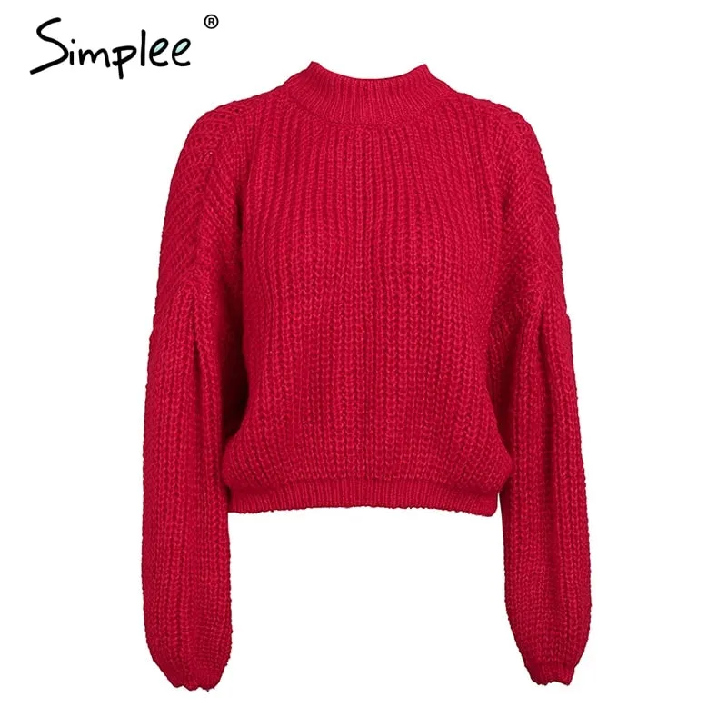 Lantern sleeve knitted pullover loose round neck red autumn casual sweater jumper