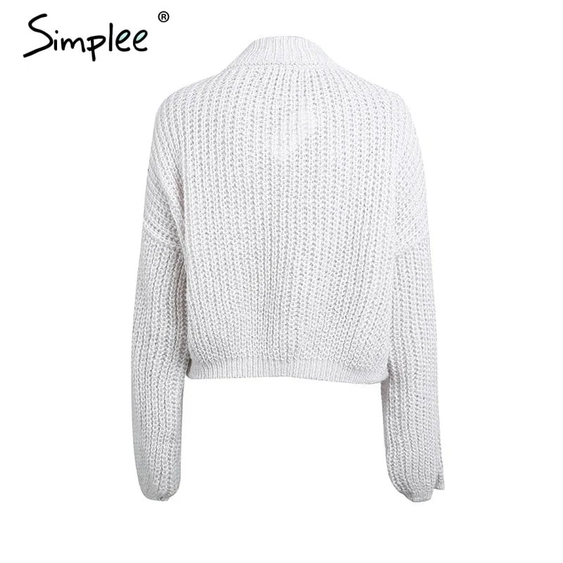 Lantern sleeve knitted pullover loose round neck red autumn casual sweater jumper