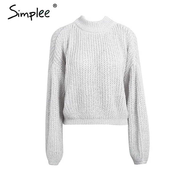 Lantern sleeve knitted pullover loose round neck red autumn casual sweater jumper