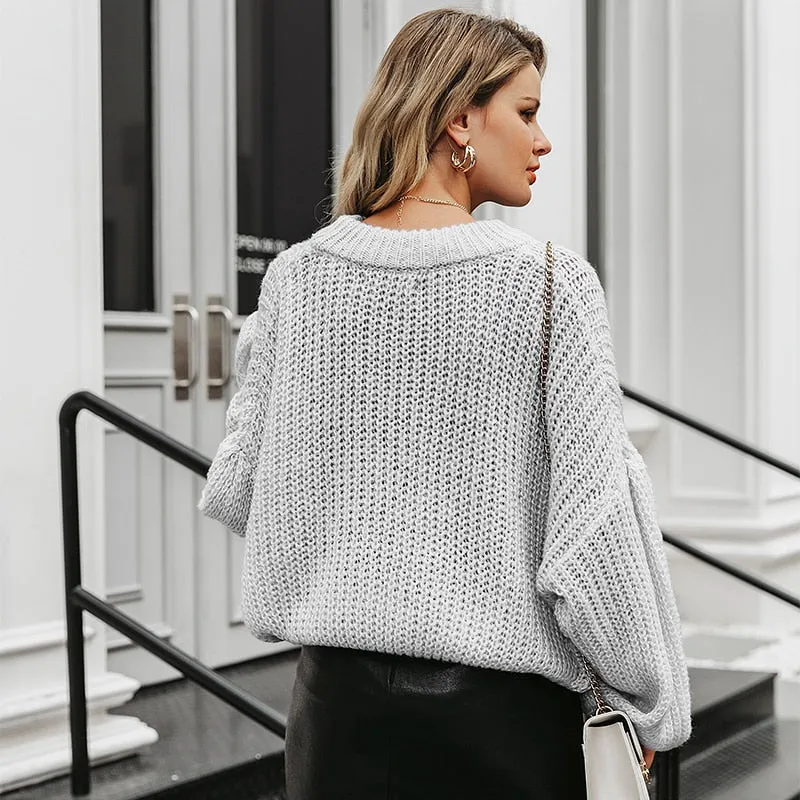 Lantern sleeve knitted pullover loose round neck red autumn casual sweater jumper