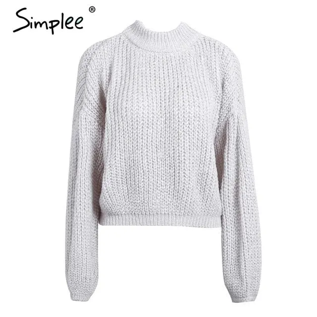 Lantern sleeve knitted pullover loose round neck red autumn casual sweater jumper