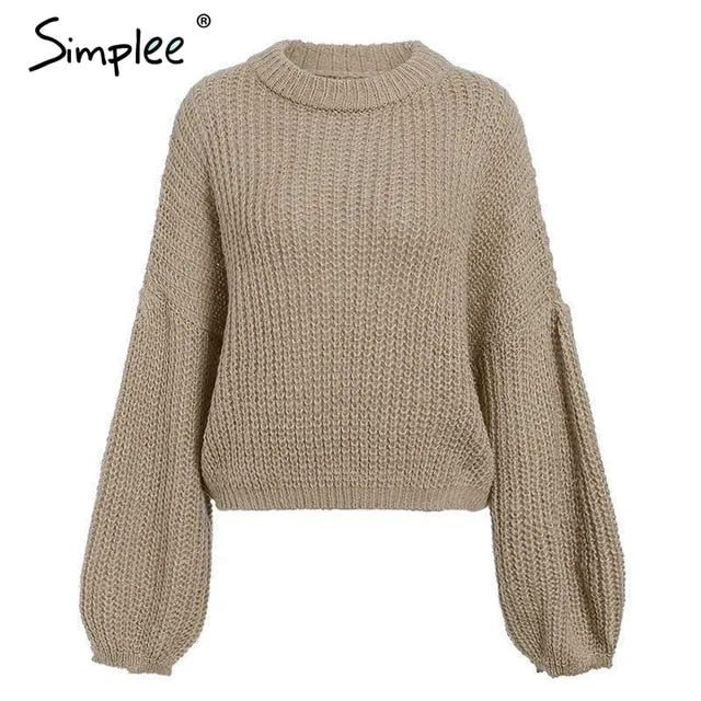 Lantern sleeve knitted pullover loose round neck red autumn casual sweater jumper