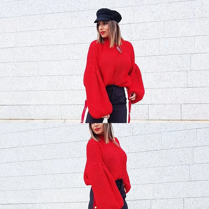 Lantern sleeve knitted pullover loose round neck red autumn casual sweater jumper