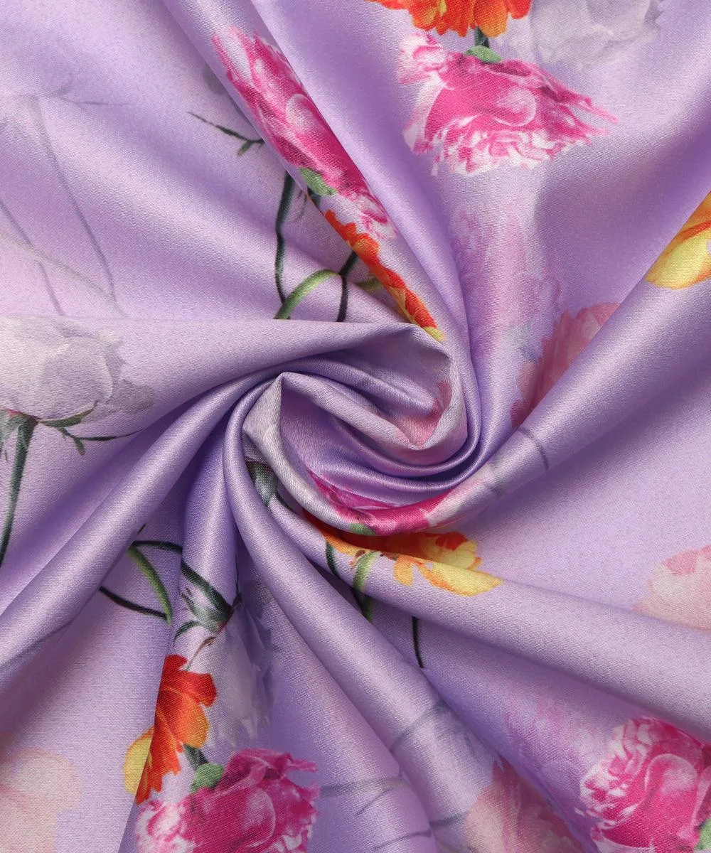 Lavender Colour Floral Design Satin Moss Fabric