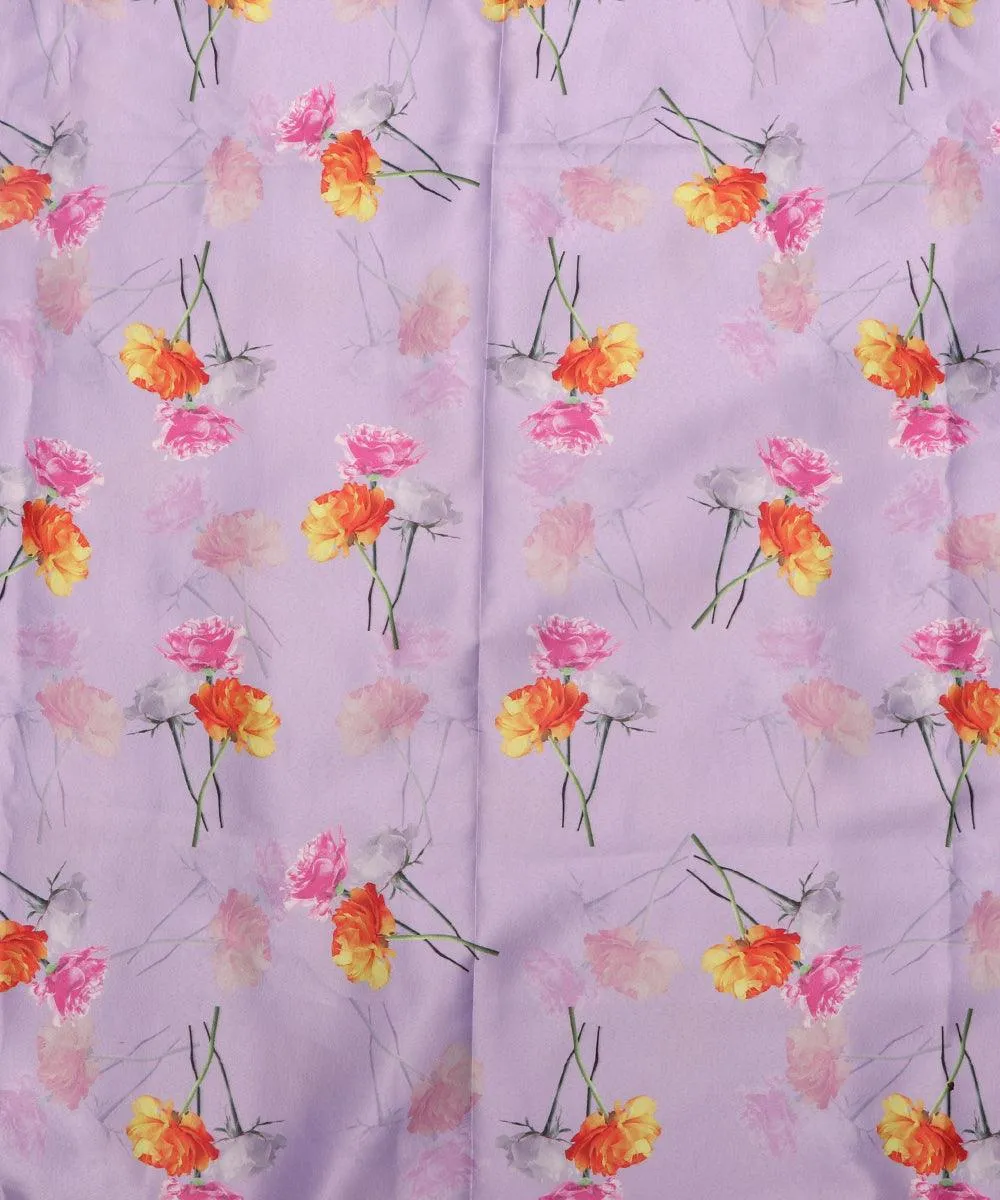 Lavender Colour Floral Design Satin Moss Fabric