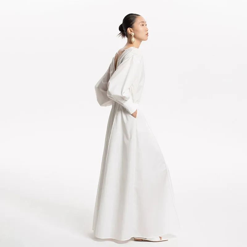 LEDIM W French V-Neck Breasted Waist Slim Summer white dress- Kaio