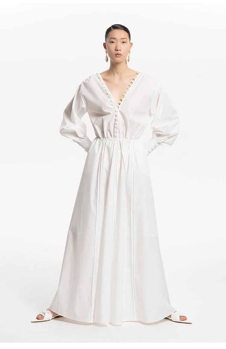 LEDIM W French V-Neck Breasted Waist Slim Summer white dress- Kaio