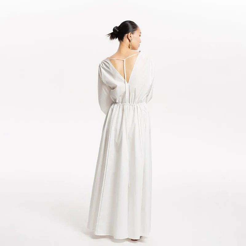 LEDIM W French V-Neck Breasted Waist Slim Summer white dress- Kaio