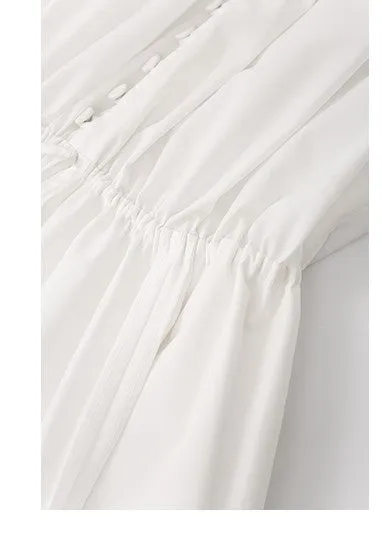 LEDIM W French V-Neck Breasted Waist Slim Summer white dress- Kaio