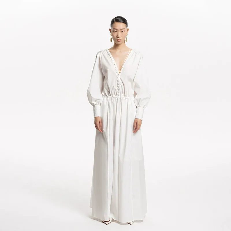 LEDIM W French V-Neck Breasted Waist Slim Summer white dress- Kaio