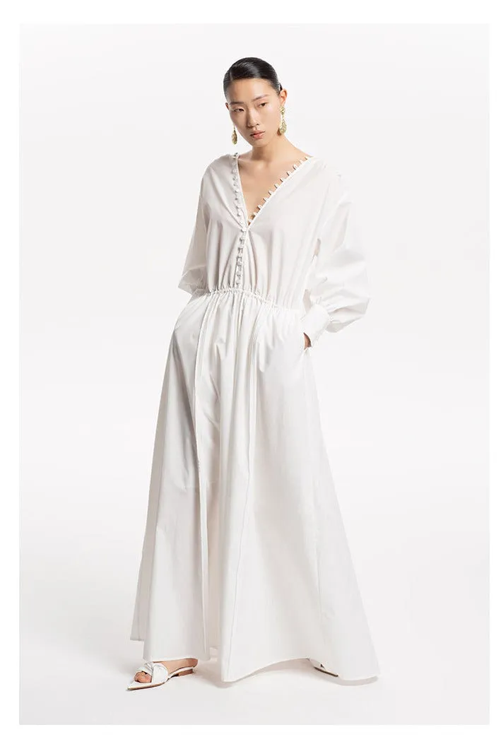 LEDIM W French V-Neck Breasted Waist Slim Summer white dress- Kaio