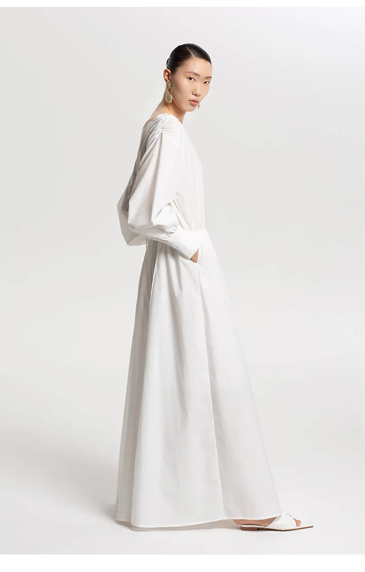 LEDIM W French V-Neck Breasted Waist Slim Summer white dress- Kaio