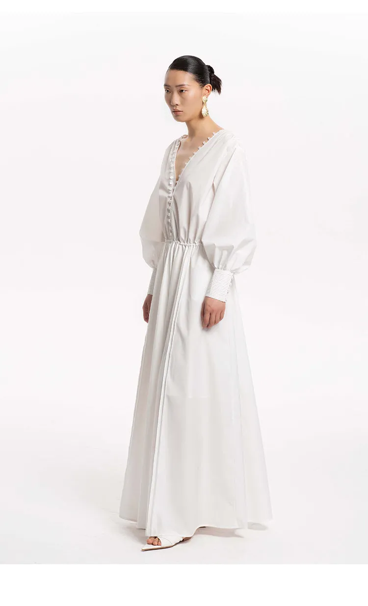 LEDIM W French V-Neck Breasted Waist Slim Summer white dress- Kaio