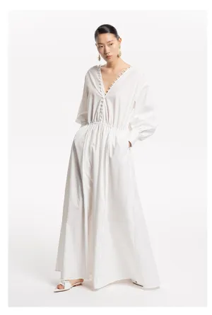 LEDIM W French V-Neck Breasted Waist Slim Summer white dress- Kaio