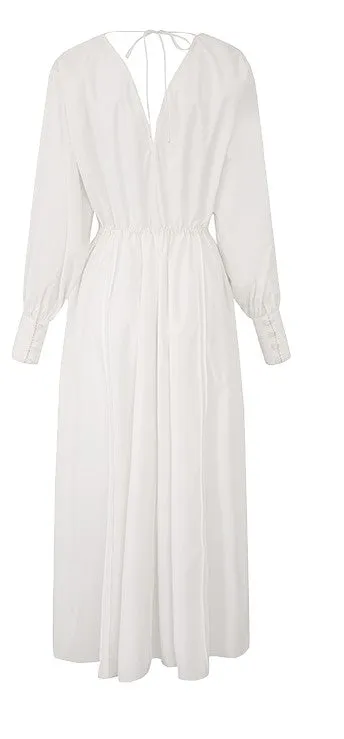 LEDIM W French V-Neck Breasted Waist Slim Summer white dress- Kaio