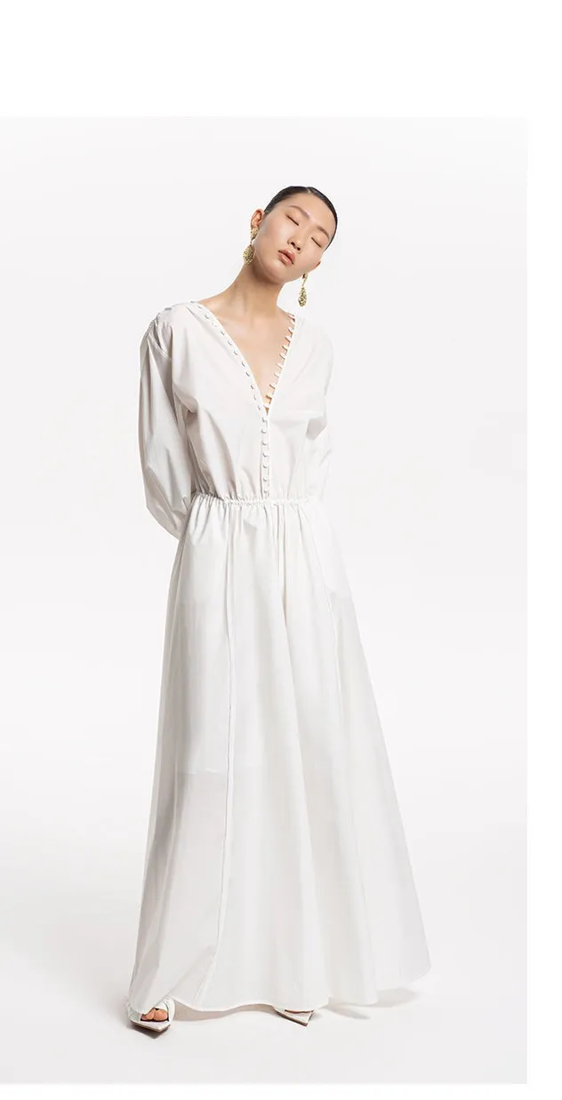 LEDIM W French V-Neck Breasted Waist Slim Summer white dress- Kaio
