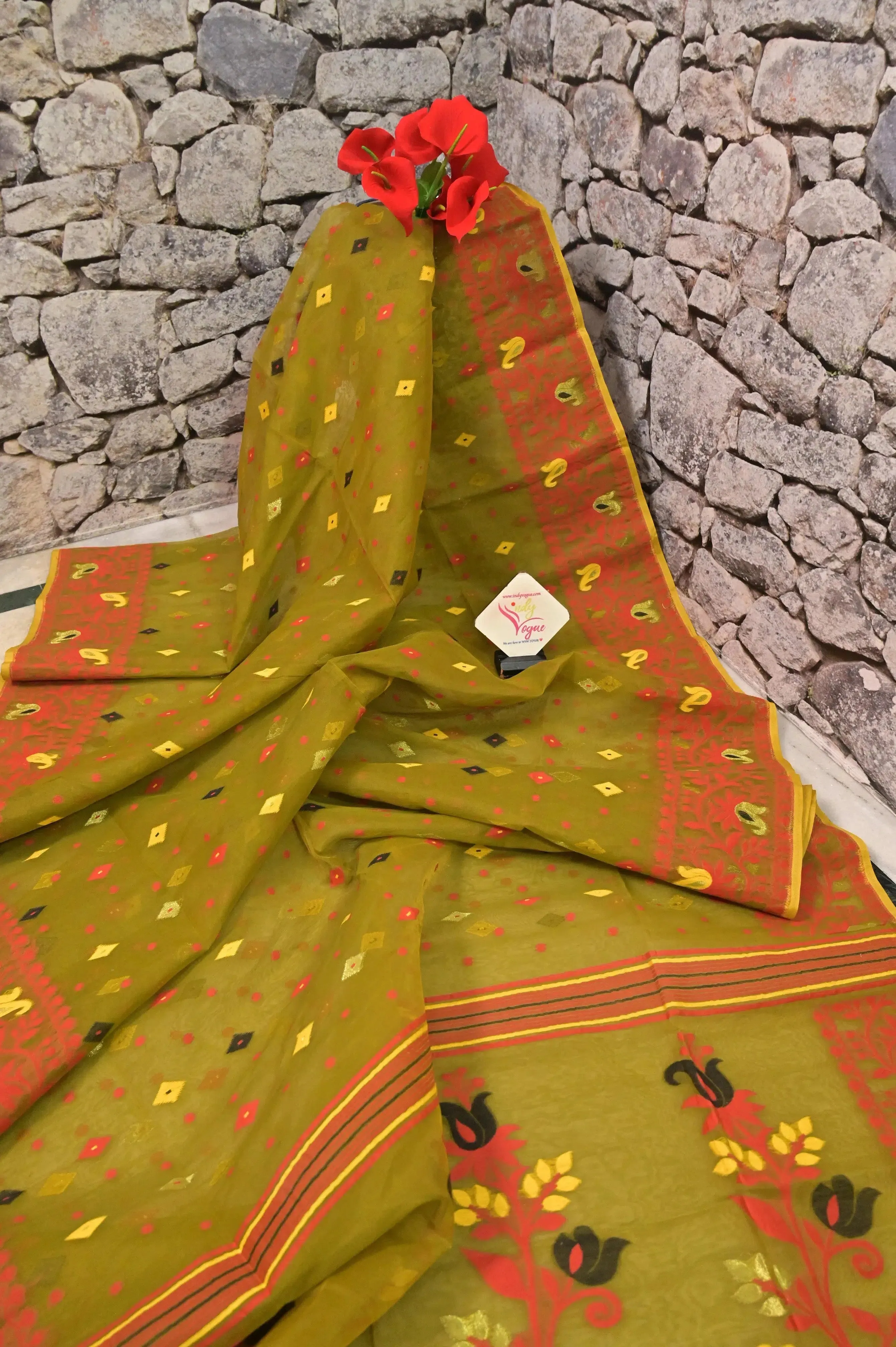 Mehendi Green Color Jamdani Saree with Allover Jamdani Weaving Work