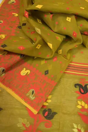 Mehendi Green Color Jamdani Saree with Allover Jamdani Weaving Work