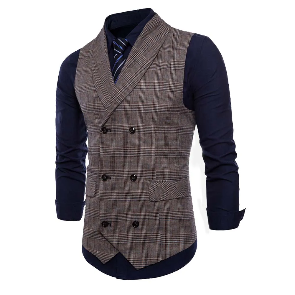 Men's Plaid Vests Stripes Business Slim Fit Vests Coffee