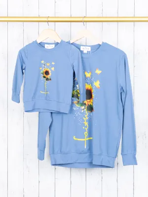 Mom & Me Blue "Faith" Sunflower Pullover