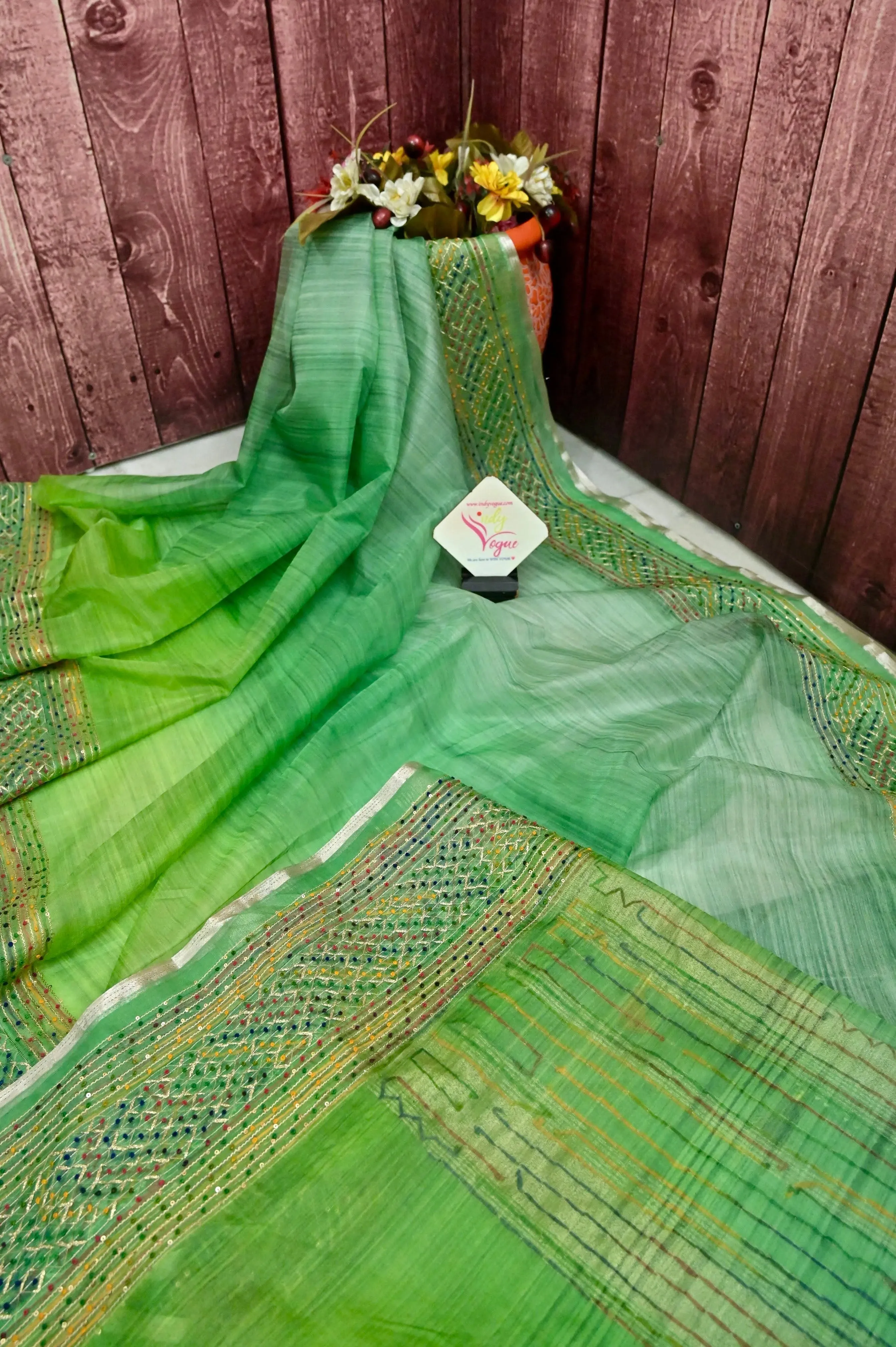 Multishaded Green Color Organza Banarasi Saree with Box Dye and Knotwork