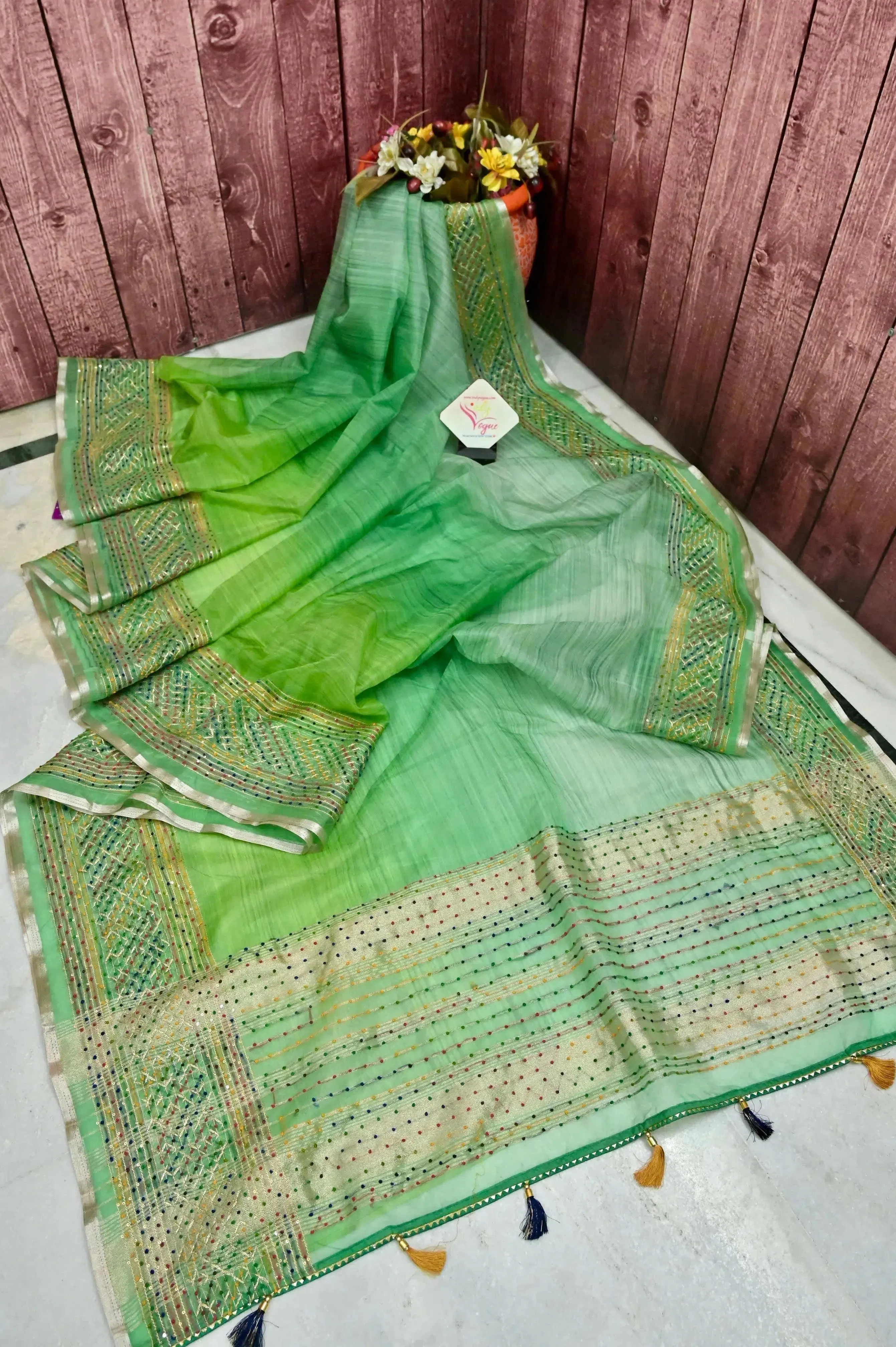 Multishaded Green Color Organza Banarasi Saree with Box Dye and Knotwork