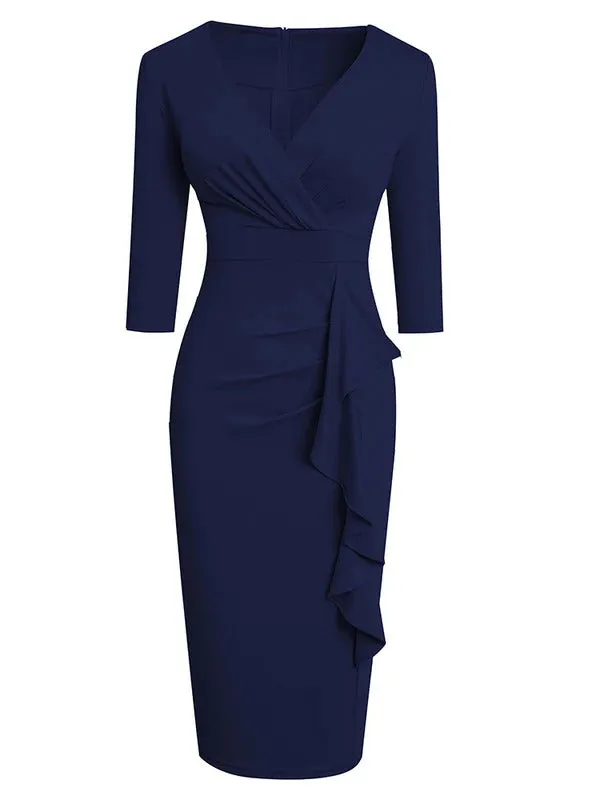 Nice-forever Spring Women Sexy V-Neck Solid Color Peplum Dresses Business Formal Elegant Bodycon Slim Dress B693