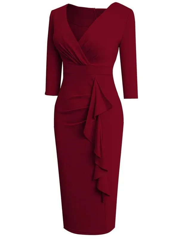 Nice-forever Spring Women Sexy V-Neck Solid Color Peplum Dresses Business Formal Elegant Bodycon Slim Dress B693
