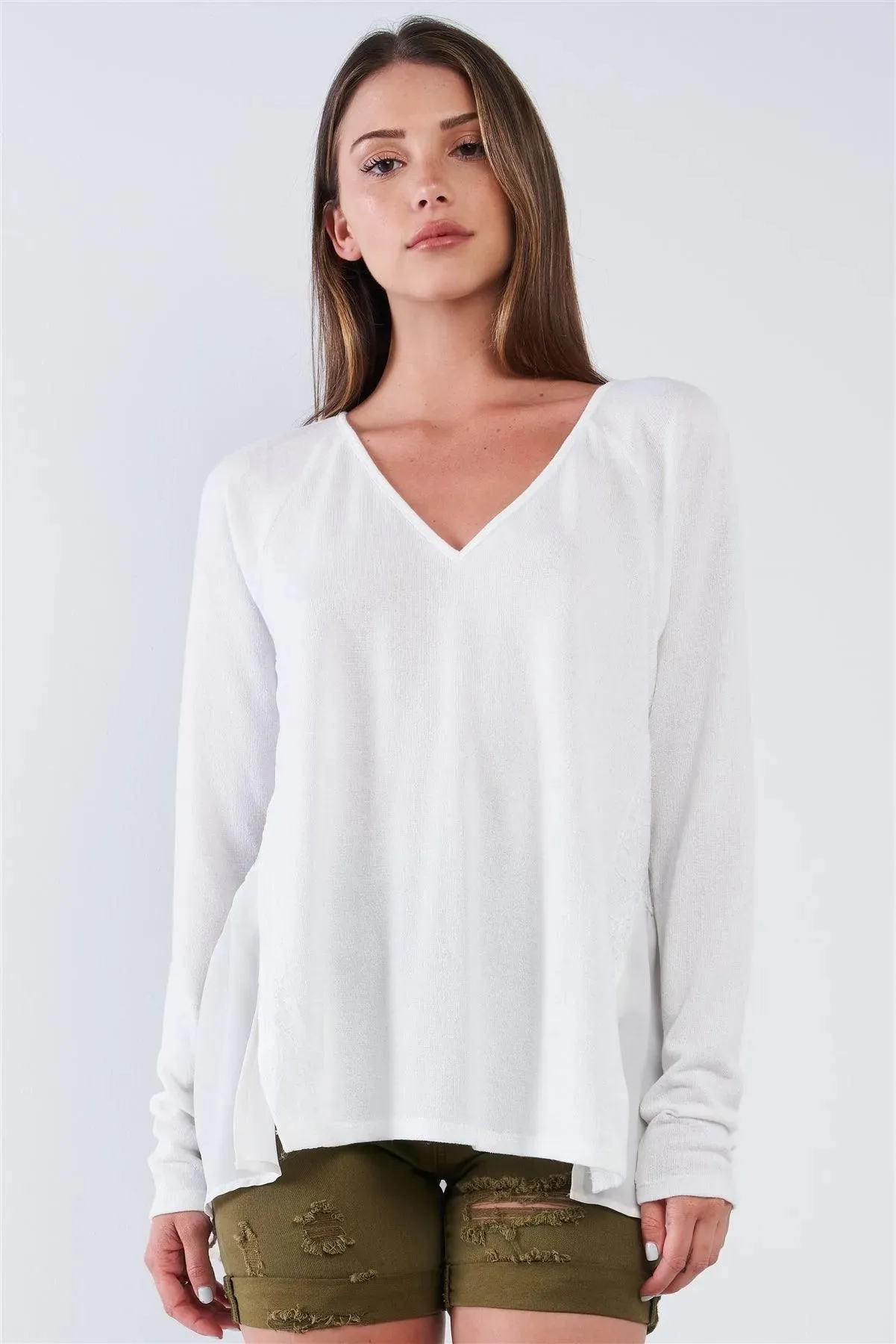 Off-White V-Neck Lace Back Pullover Tunic Top