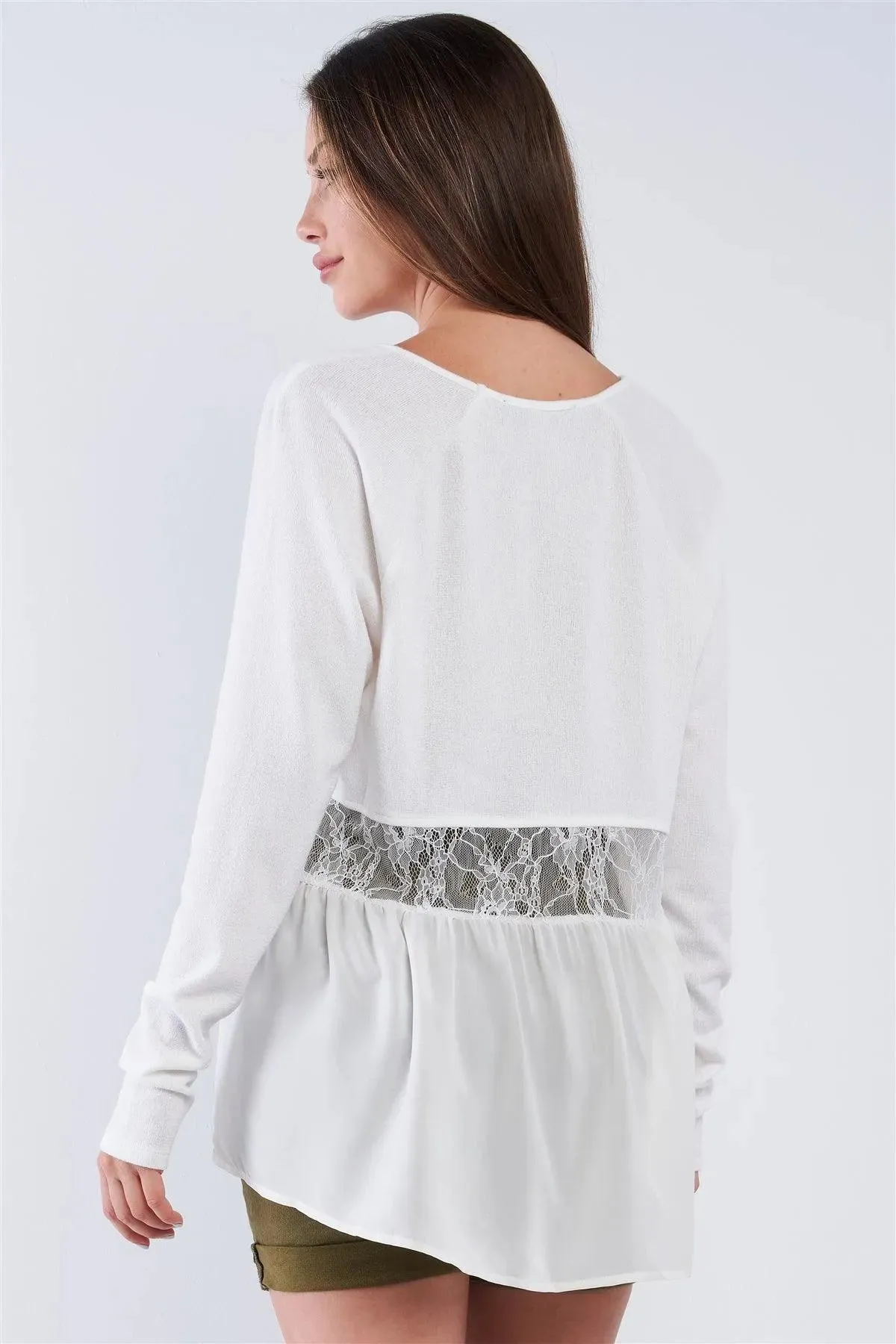 Off-White V-Neck Lace Back Pullover Tunic Top