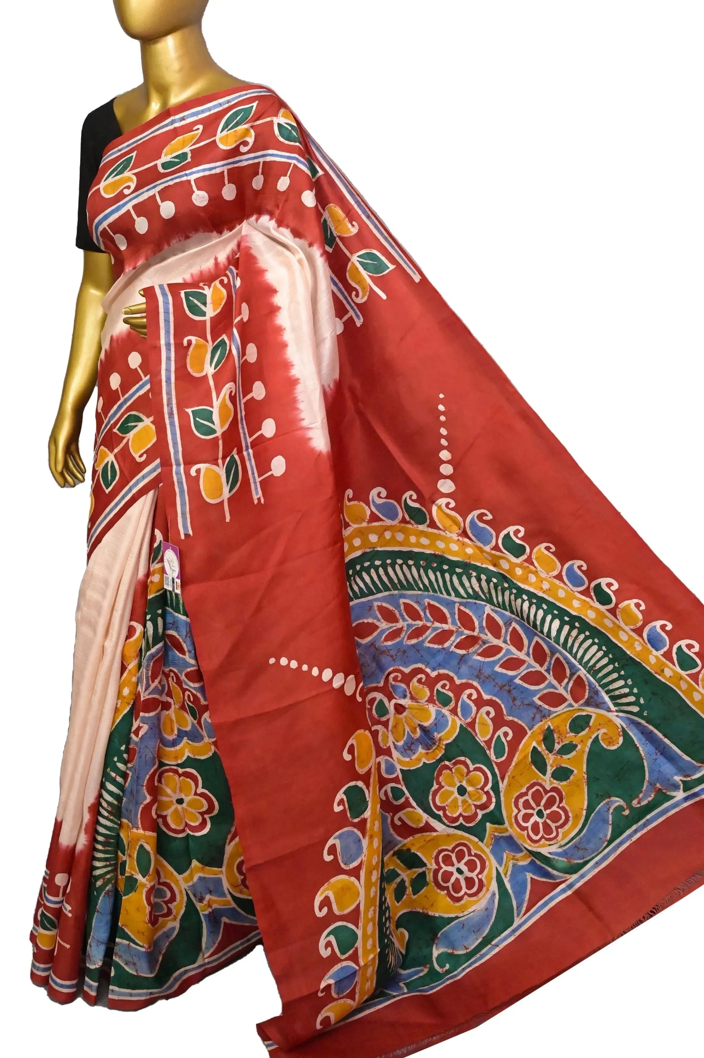 Offwhite and Red Color Pure Bishnupur Silk Saree with Hand Batik