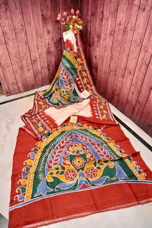 Offwhite and Red Color Pure Bishnupur Silk Saree with Hand Batik