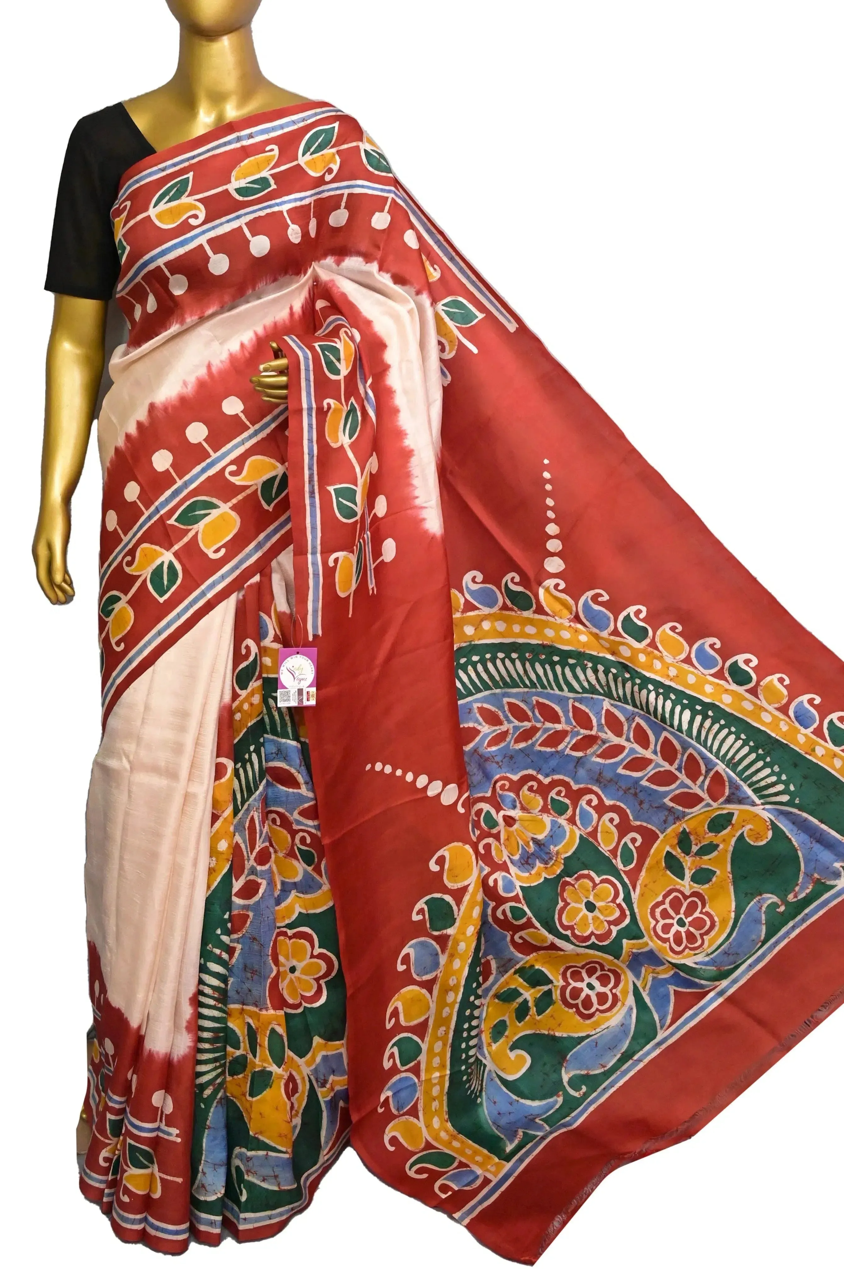 Offwhite and Red Color Pure Bishnupur Silk Saree with Hand Batik