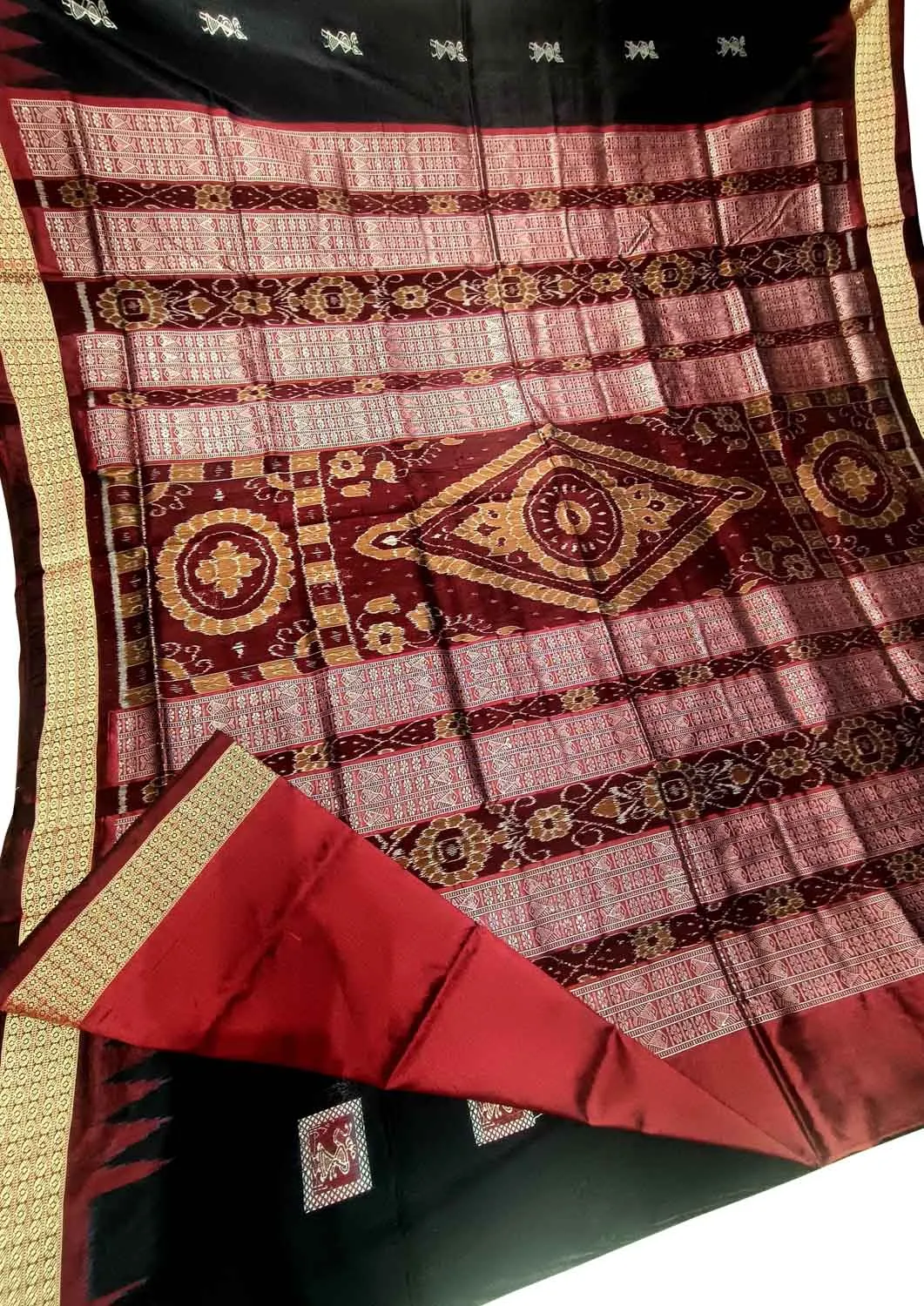 Red And Black Handloom Sambalpuri Double Ikat Weaved Body Bomkai Silk Saree