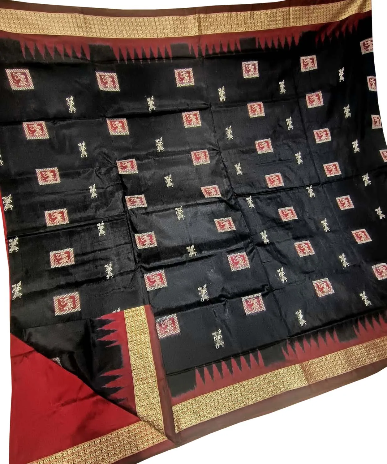 Red And Black Handloom Sambalpuri Double Ikat Weaved Body Bomkai Silk Saree