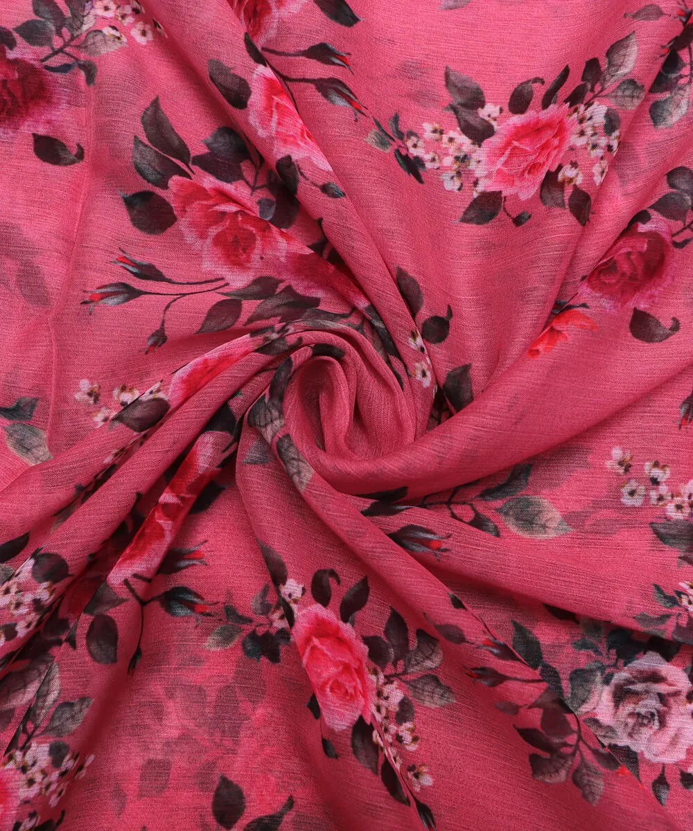 Rose Pink Colour Floral Print Digital Print Chiffon Fabric