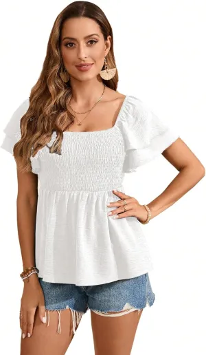 SOLY HUX Women's Puff Short Sleeve Square Neck Shirred Ruffle Blouse Top