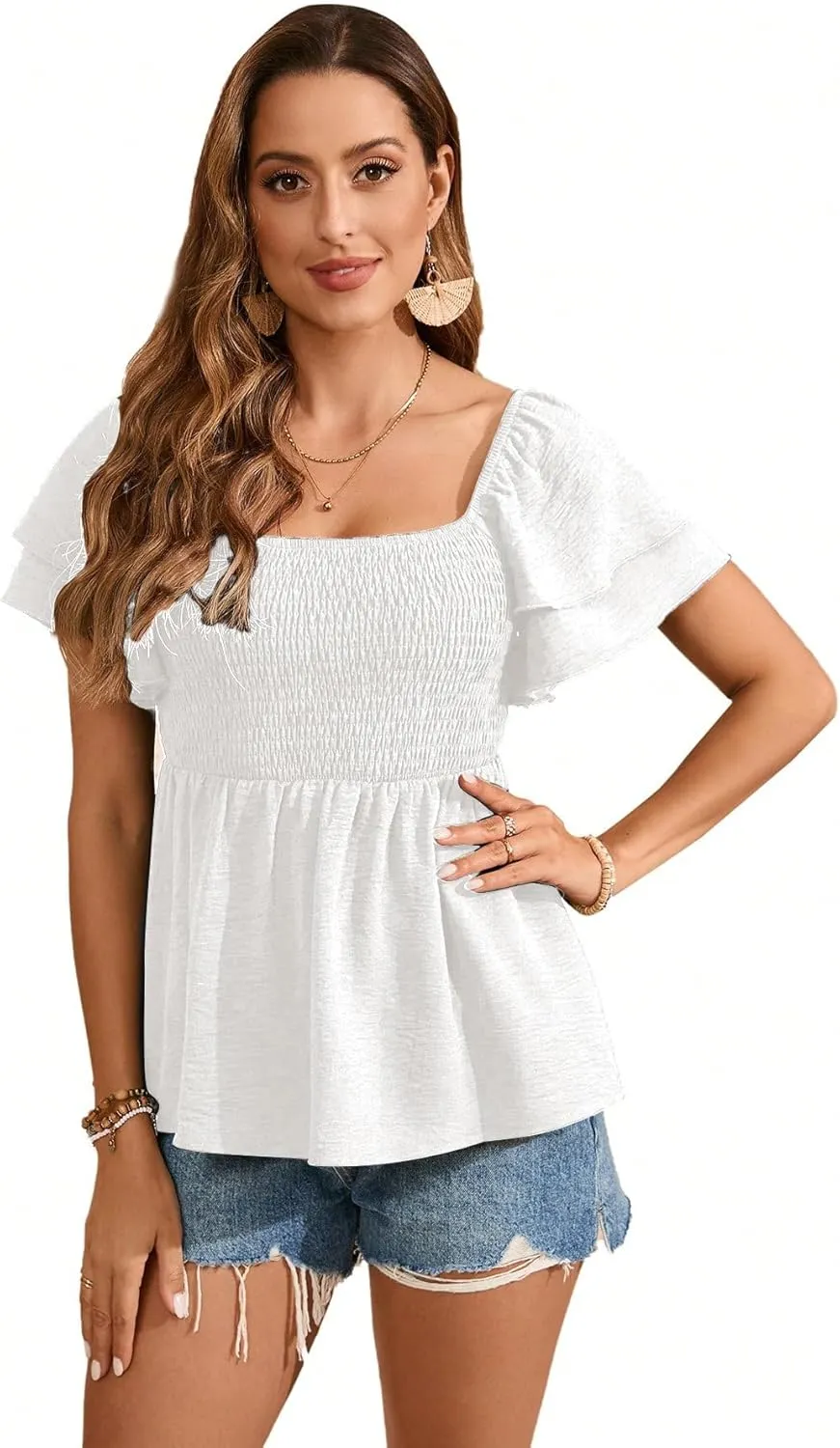 SOLY HUX Women's Puff Short Sleeve Square Neck Shirred Ruffle Blouse Top