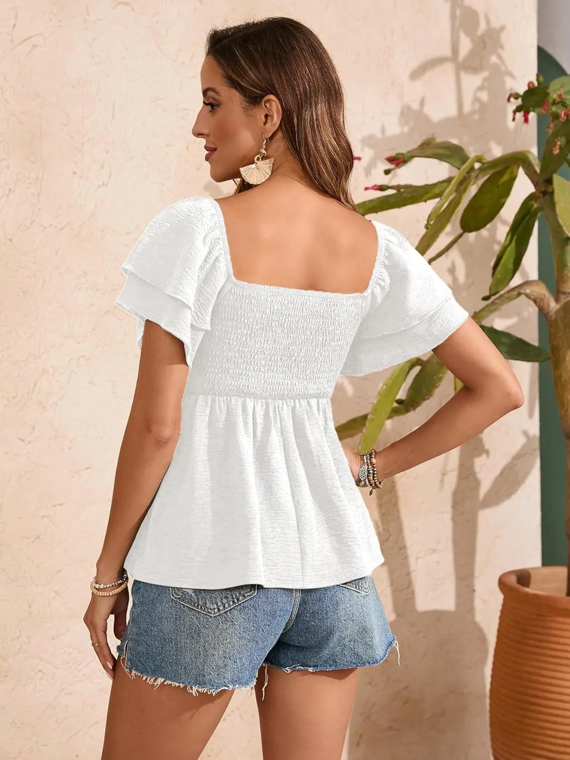 SOLY HUX Women's Puff Short Sleeve Square Neck Shirred Ruffle Blouse Top