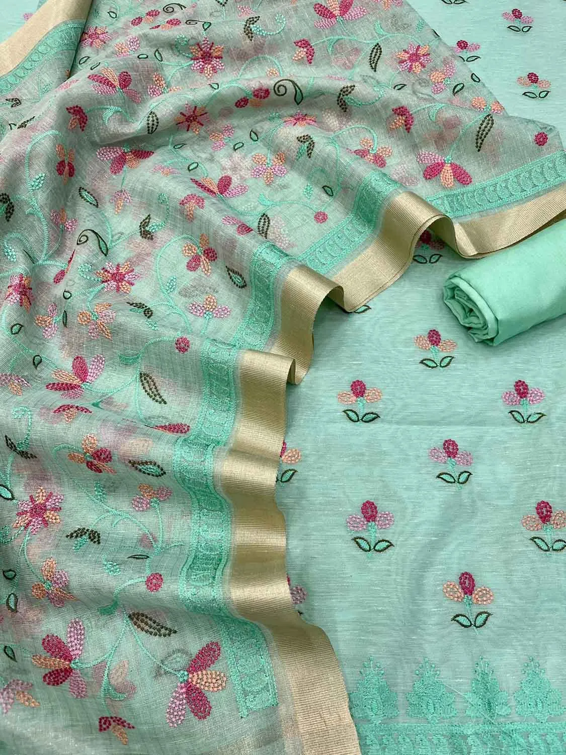 Stylish Green Banarasi Linen Cotton Suit Set - Unstitched
