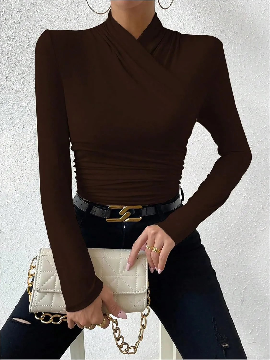 SweatyRocks Women's Ruched Mock Neck Long Sleeve T Shirt Solid Slim Fitted Tee Tops