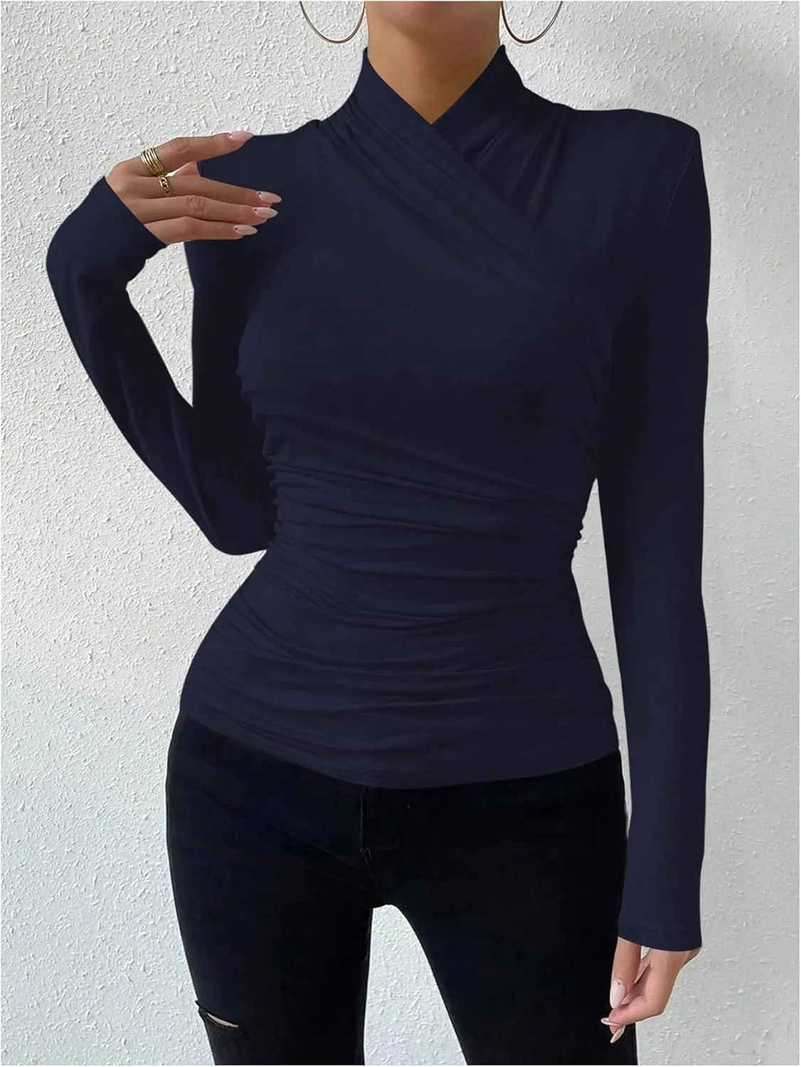 SweatyRocks Women's Ruched Mock Neck Long Sleeve T Shirt Solid Slim Fitted Tee Tops