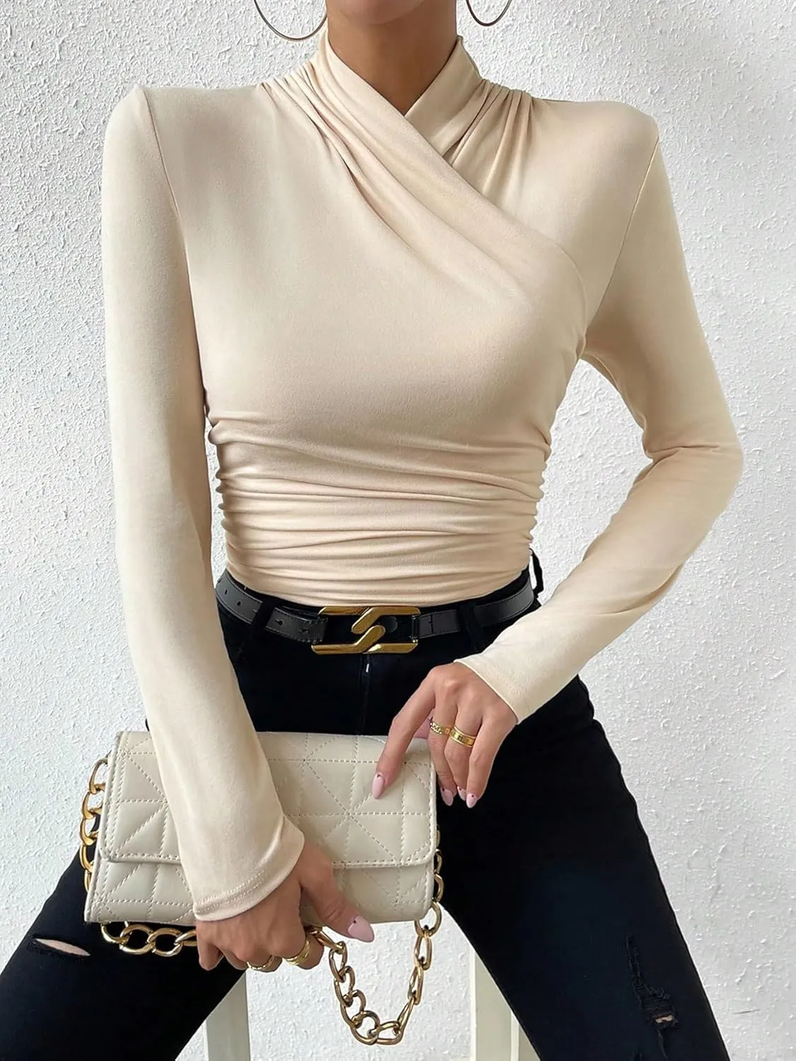 SweatyRocks Women's Ruched Mock Neck Long Sleeve T Shirt Solid Slim Fitted Tee Tops