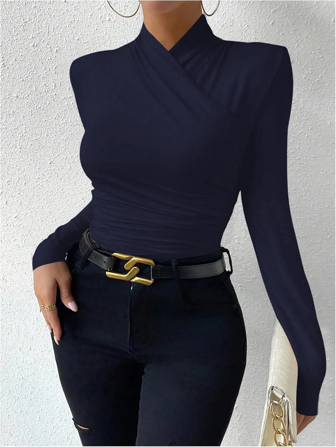 SweatyRocks Women's Ruched Mock Neck Long Sleeve T Shirt Solid Slim Fitted Tee Tops